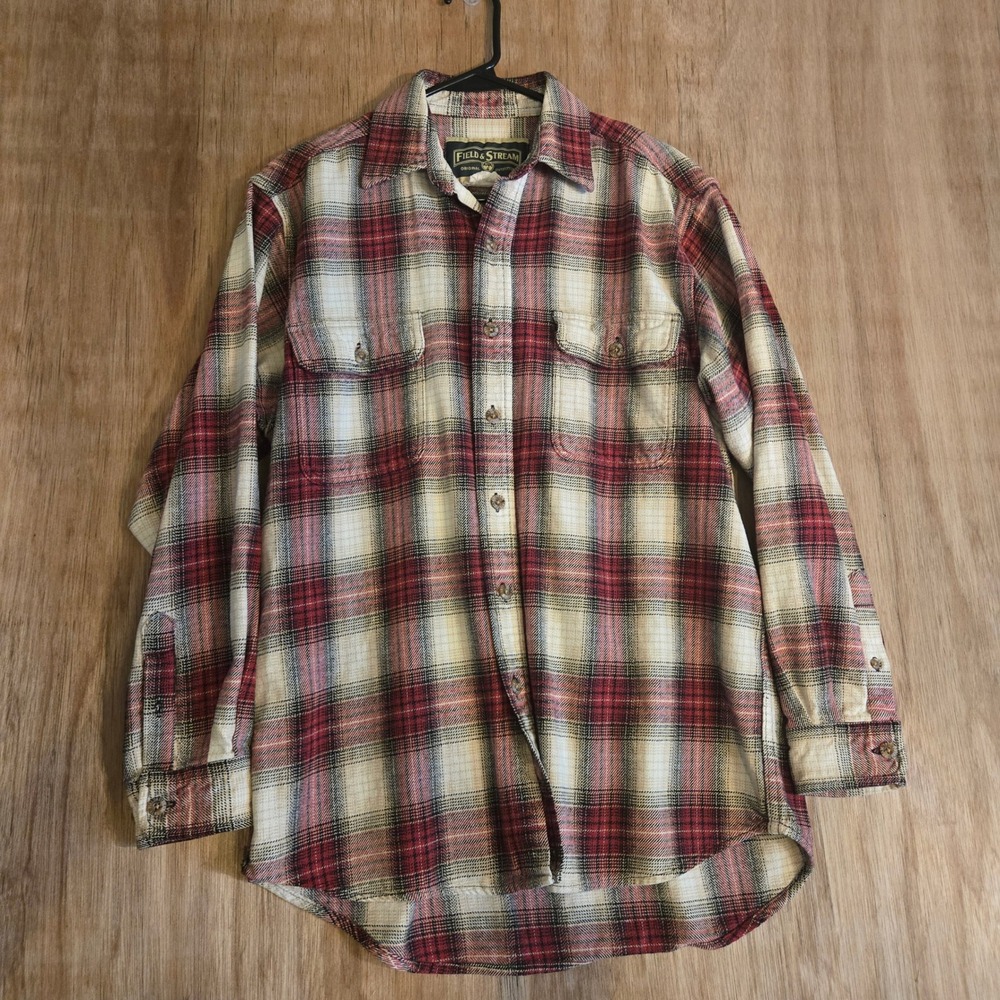 Field & Stream Mens Red Cream Plaid Flannel Button Down Shirt Large L Pocket